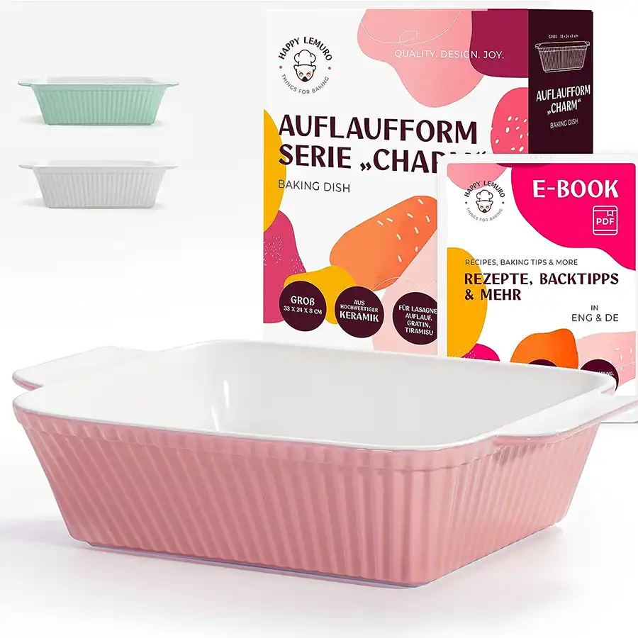 Auflaufform 2er Set - für Aufläufe, Tiramisu, Lasagne. Groß für 3-5 Personen in Rosa, Mint oder Weiß