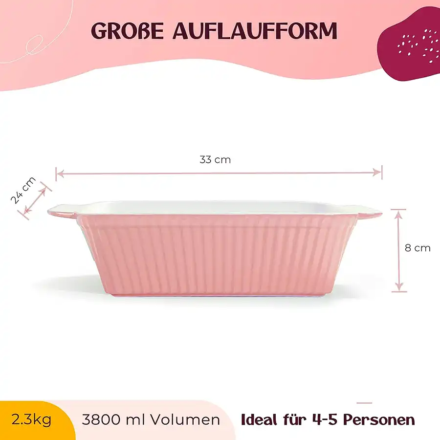 Auflaufform 2er Set - für Aufläufe, Tiramisu, Lasagne. Groß für 3-5 Personen in Rosa, Mint oder Weiß