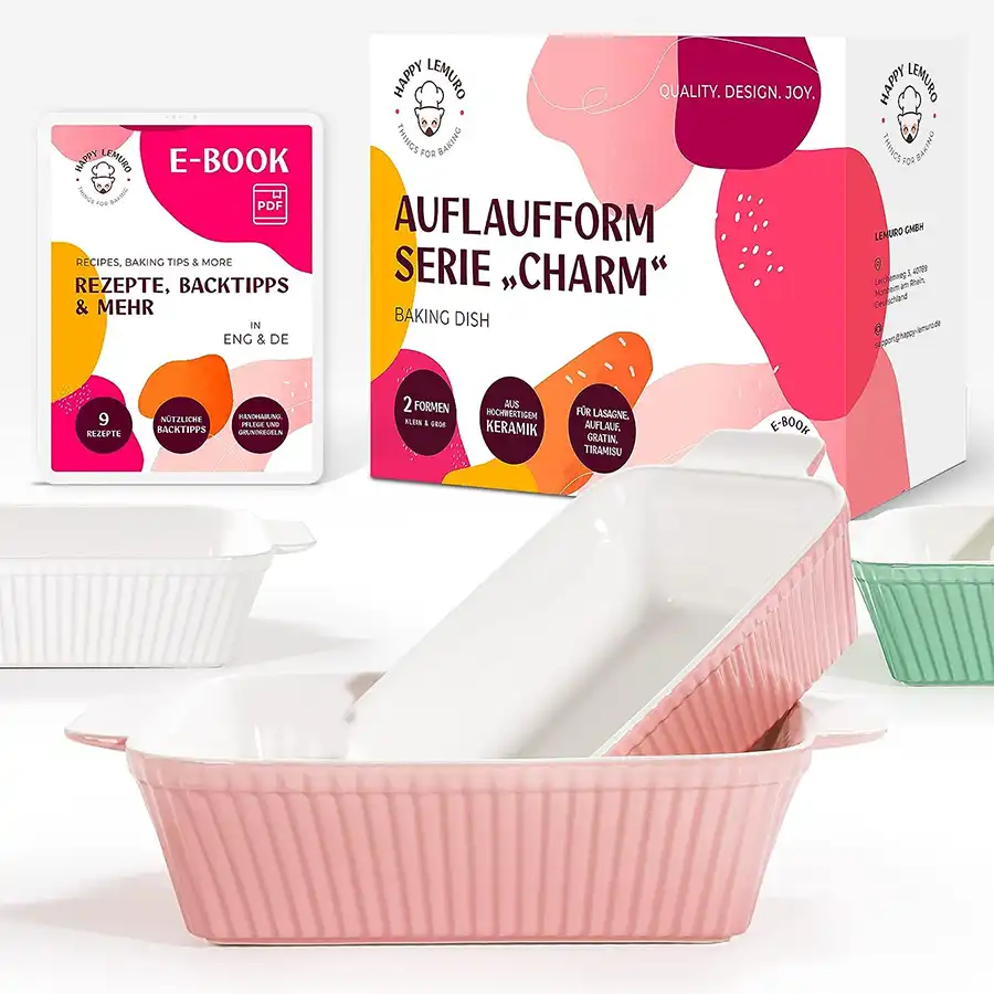 Auflaufform für Aufläufe, Tiramisu, Lasagne. Extra hohe eckige Ofenform aus Keramik, groß und klein im 2er Set. In Weiß, Rosa, Mint