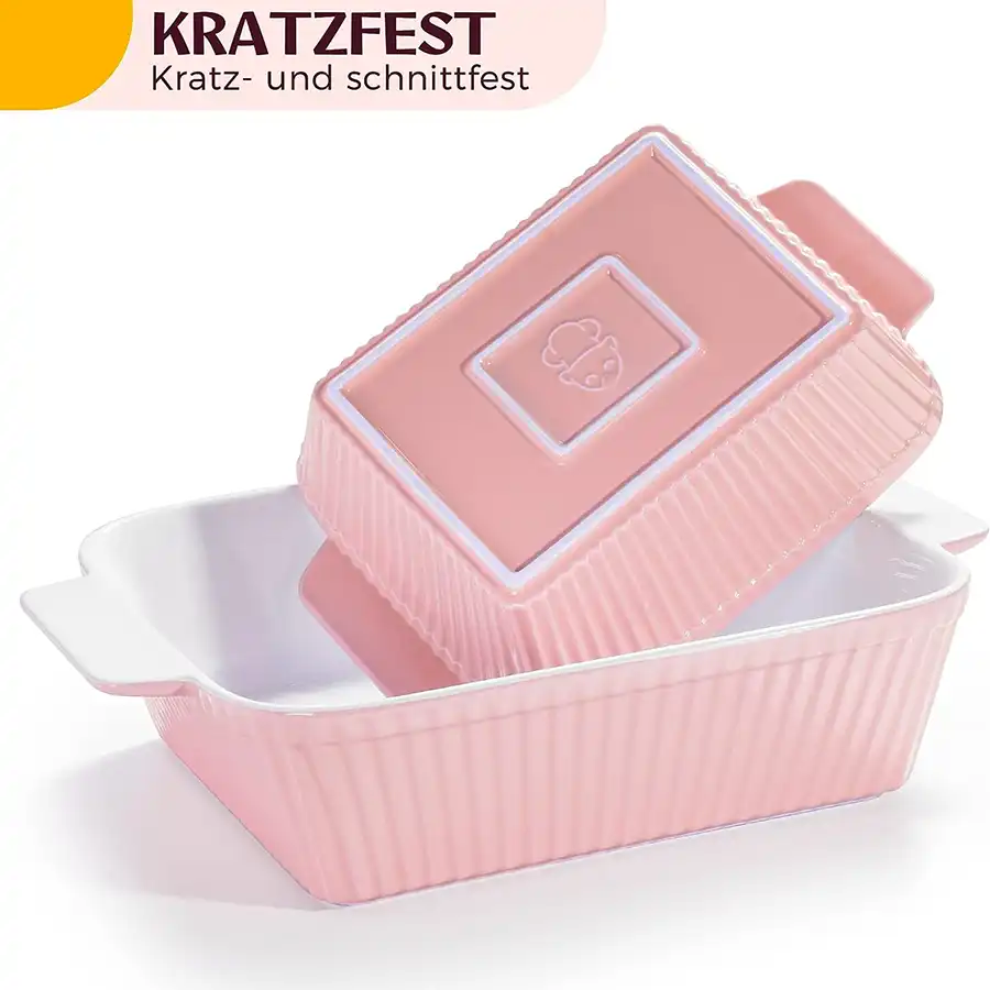 Auflaufform für Aufläufe, Tiramisu, Lasagne. Extra hohe eckige Ofenform aus Keramik, groß und klein im 2er Set. In Weiß, Rosa, Mint