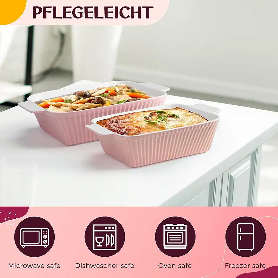 Auflaufform für Aufläufe, Tiramisu, Lasagne. Extra hohe eckige Ofenform aus Keramik, groß und klein im 2er Set. In Weiß, Rosa, Mint
