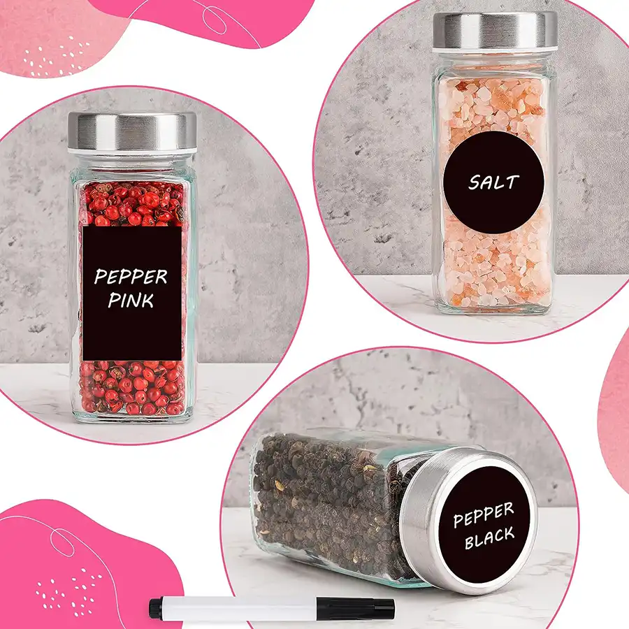 Gewürz Organizer, Gewürzgläser im 6er Set je 120ml. mit Streueinsatz, Edelstahldeckeln und 24 Labels zum selbst beschriften