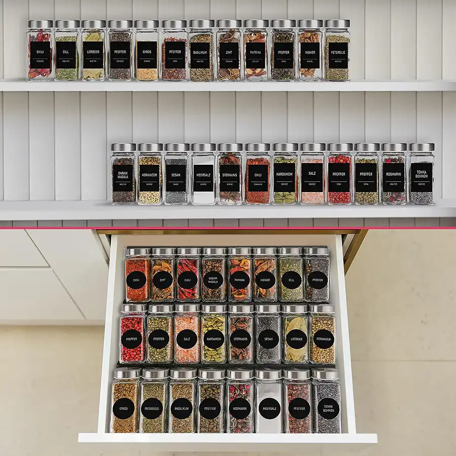 Gewürz Organizer, Gewürzgläser im 6er Set je 120ml. mit Streueinsatz, Edelstahldeckeln und 24 Labels zum selbst beschriften