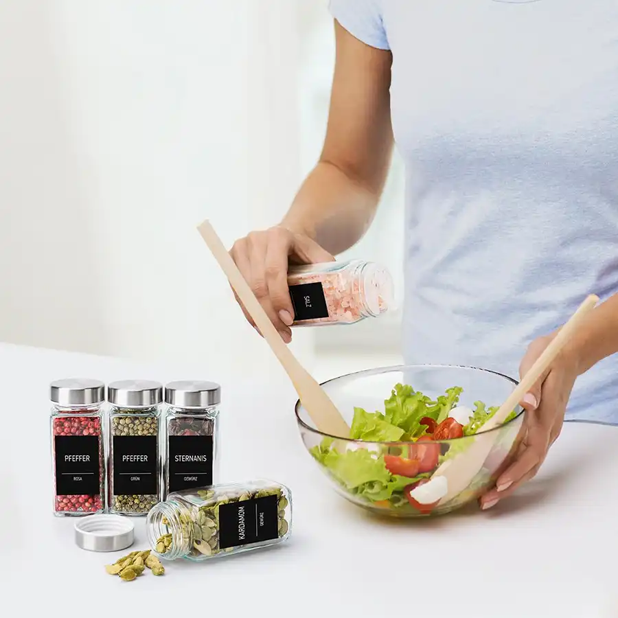 Gewürz Organizer, Gewürzgläser im 6er Set je 120ml. mit Streueinsatz, Edelstahldeckeln und 24 Labels zum selbst beschriften
