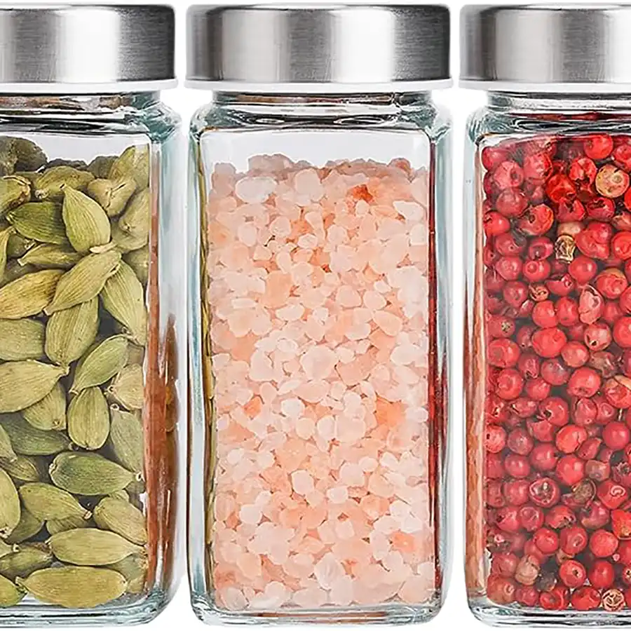 Gewürz Organizer, Gewürzgläser im 6er Set je 120ml. mit Streueinsatz, Edelstahldeckeln und 24 Labels zum selbst beschriften