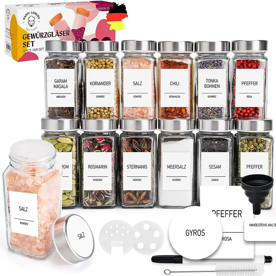 Gewürzgläser im 12er Set mit 279 Etiketten auf Deutsch. Mit Streueinsatz, Edelstahldeckeln und Zubehör zur Gewürzaufbewahrung