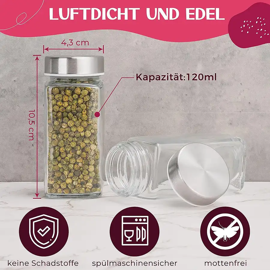 Gewürzgläser im 12er Set mit 279 Etiketten auf Deutsch. Mit Streueinsatz, Edelstahldeckeln und Zubehör zur Gewürzaufbewahrung