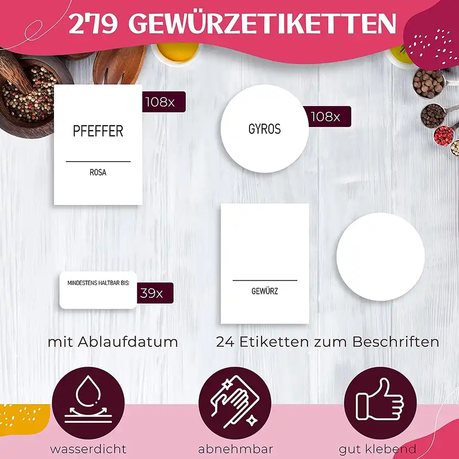 Gewürzgläser im 12er Set mit 279 Etiketten auf Deutsch. Mit Streueinsatz, Edelstahldeckeln und Zubehör zur Gewürzaufbewahrung