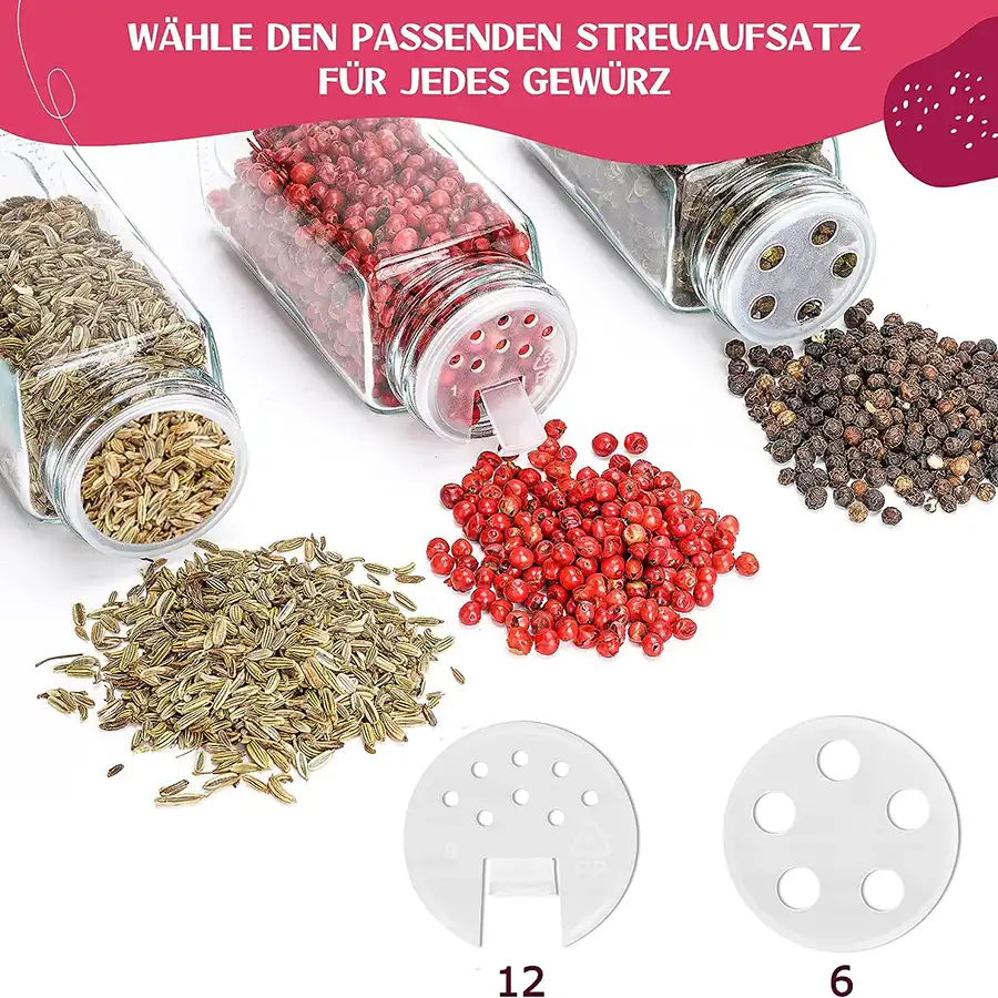 Gewürzgläser im 12er Set mit 279 Etiketten auf Deutsch. Mit Streueinsatz, Edelstahldeckeln und Zubehör zur Gewürzaufbewahrung