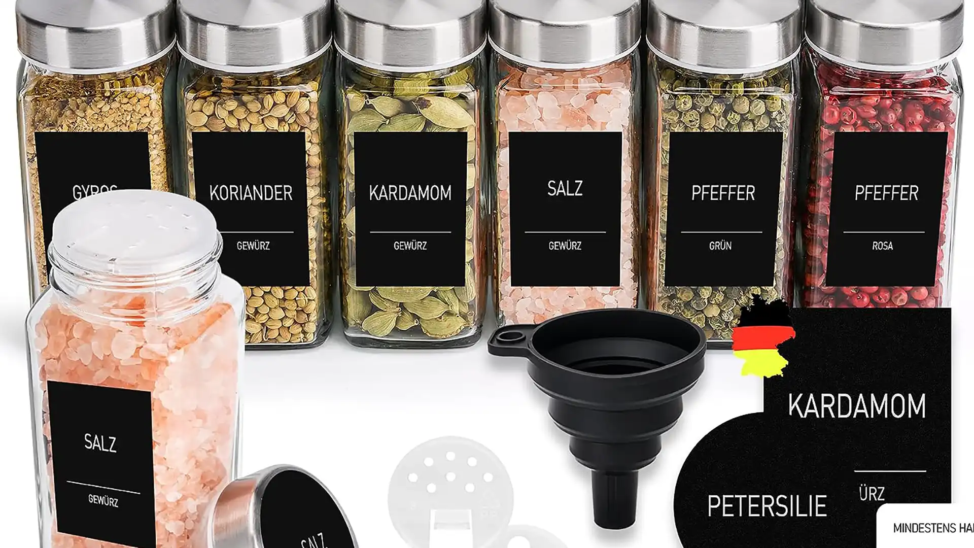 Gewürzgläser Eckig 120ml im 12er Set mit 279 Etiketten auf Deutsch. Streueinsatz, Edelstahldeckel, viel Zubehör