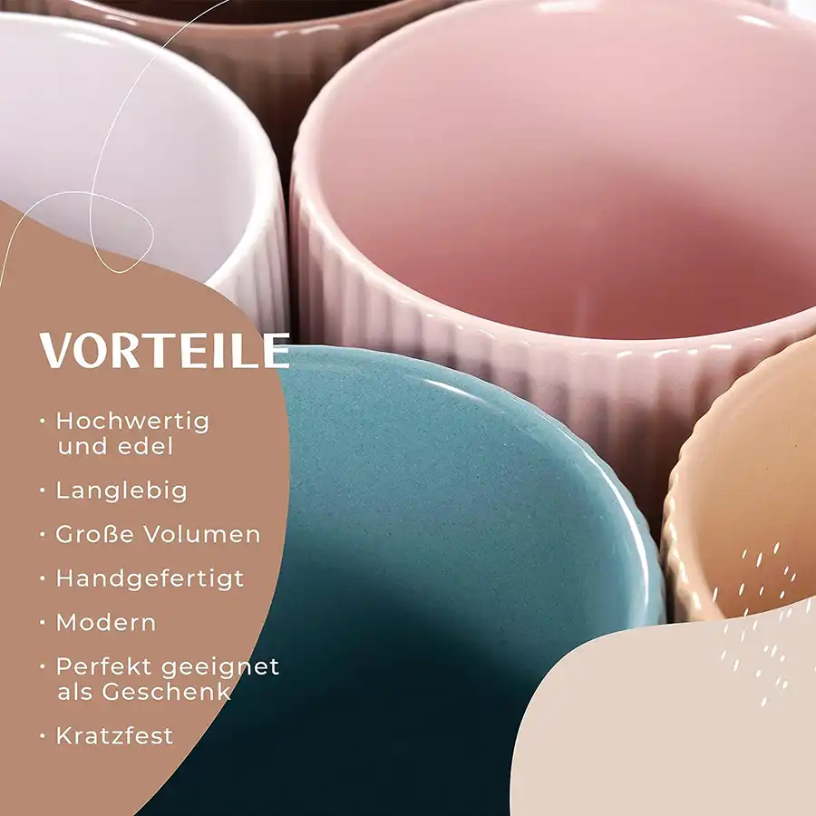 6 Design 360ml Kaffeetassen, matt. Groß, hochwertig, in 6 Erdfarben