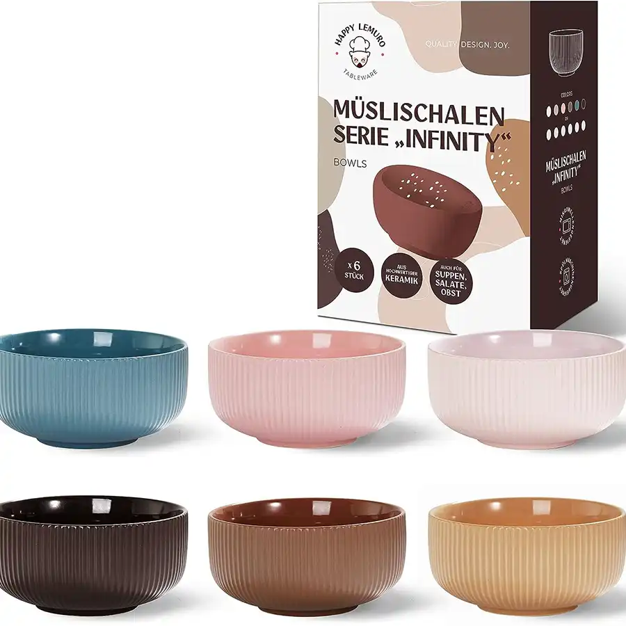 Müslischalen 6-er Set je 750 ml groß. Für Suppen, Müsli, Ramen - Keramik Schüssel Set