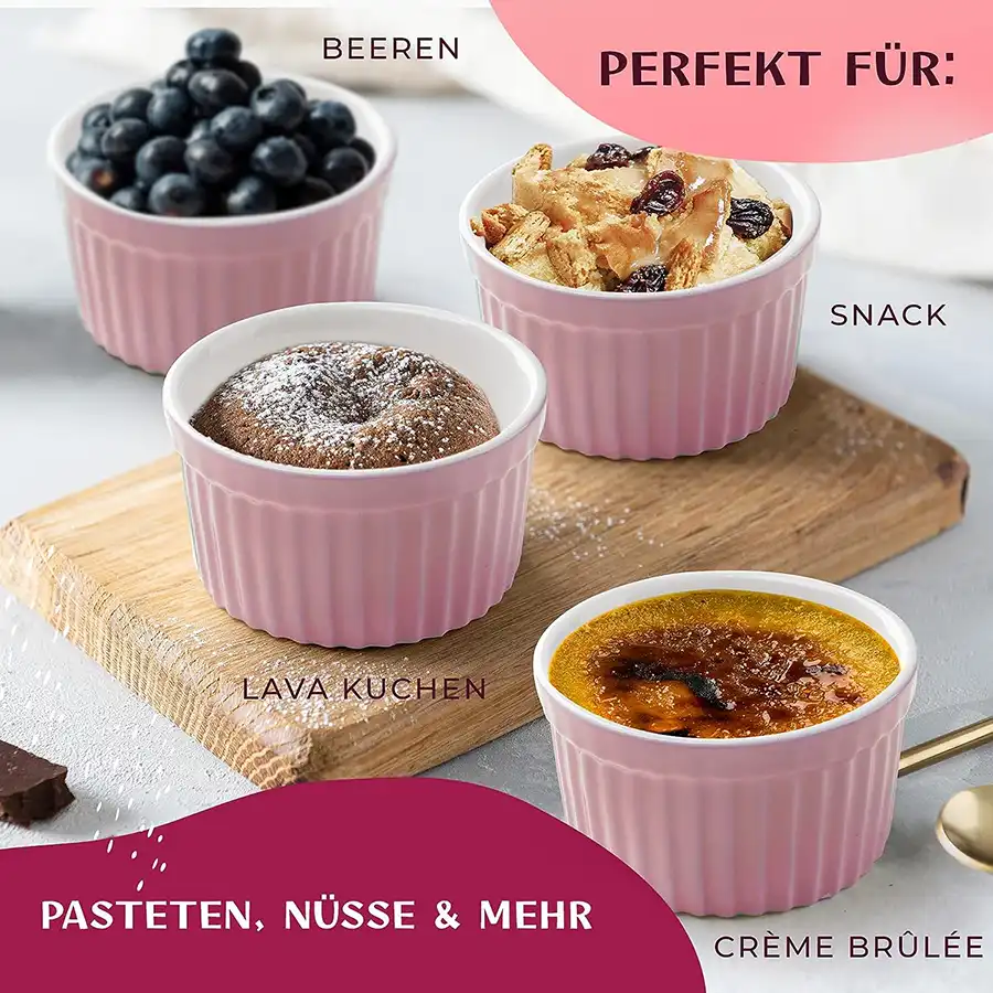 Souffle Förmchen, Design Creme Brulee Schälchen, kleine Auflaufförmchen. 6 Stück je 180ml in Rosa, Weiß, Mint