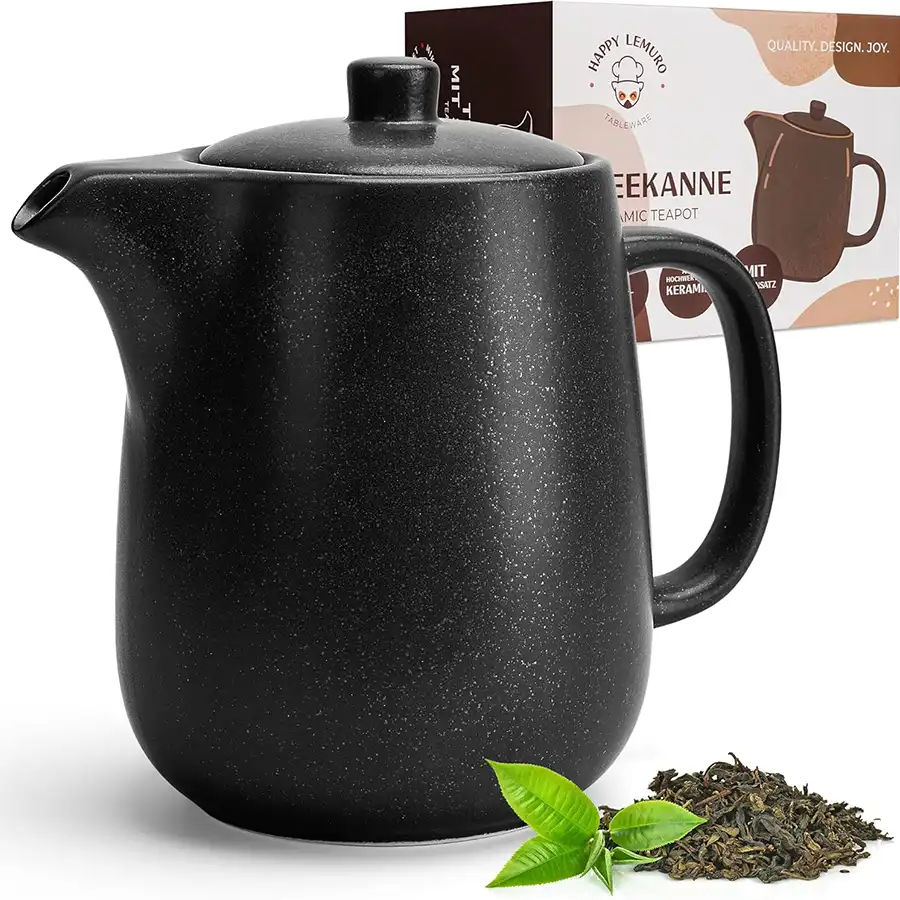 Teekanne mit 1,2l Volumen und integriertem Sieb aus Keramik Schwarz (Anthrazit)